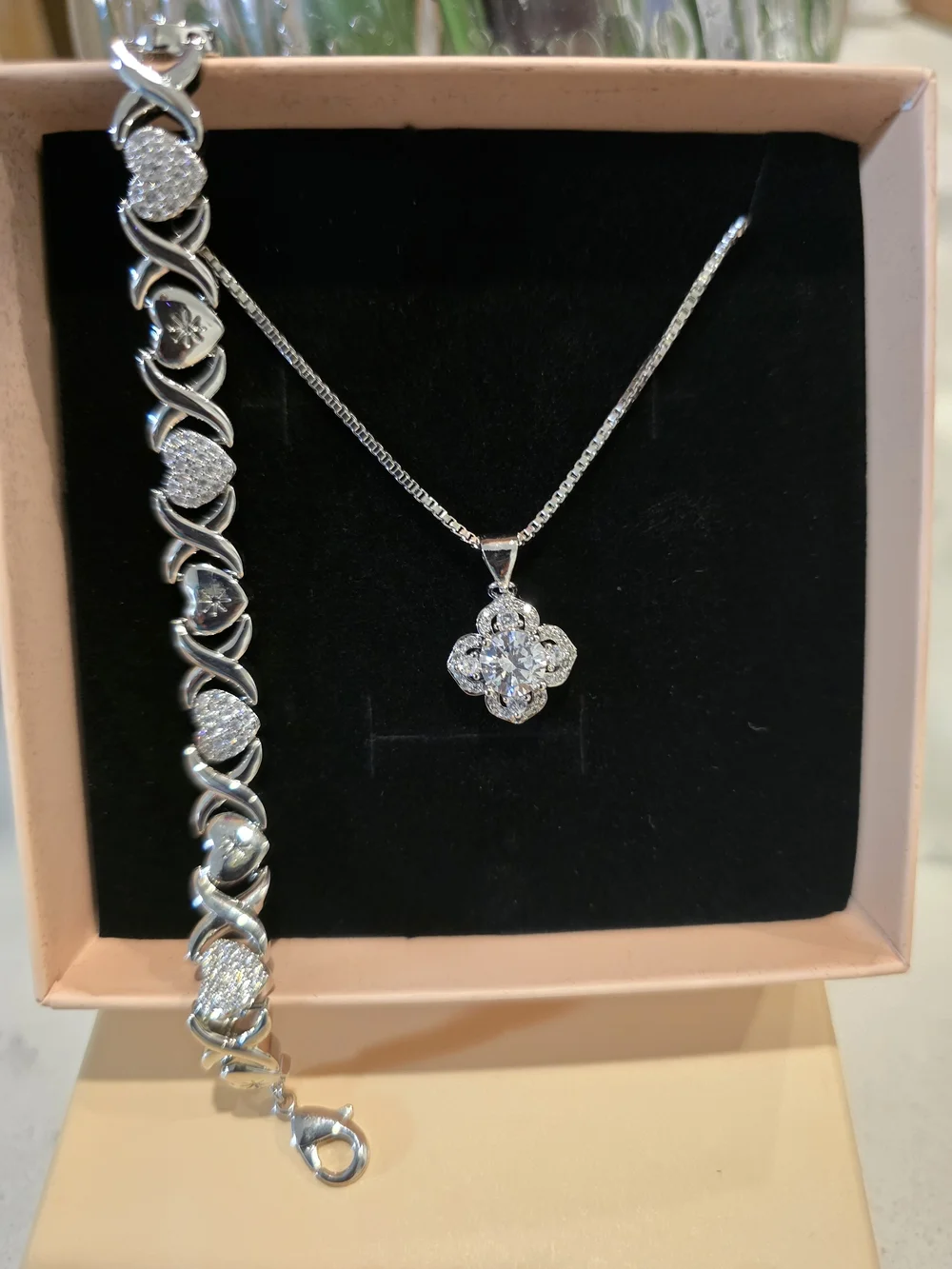 XOXO Silver-Tone Floral CZ Pendant Necklace with Heart Link Bracelet